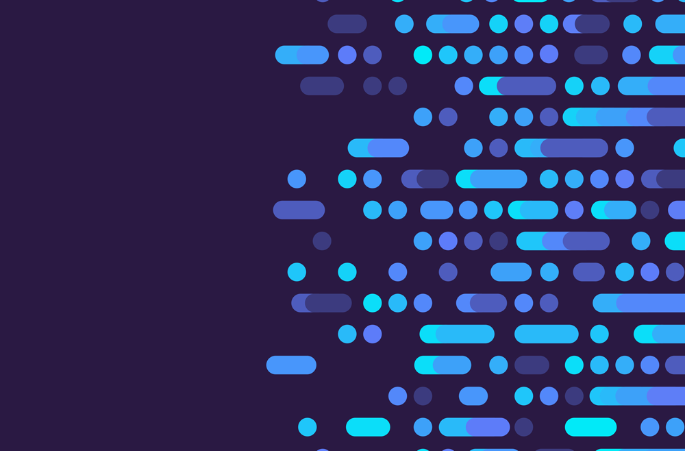 An abstract digital graphic of lavender and teal dashes representing DNA on a purple background.